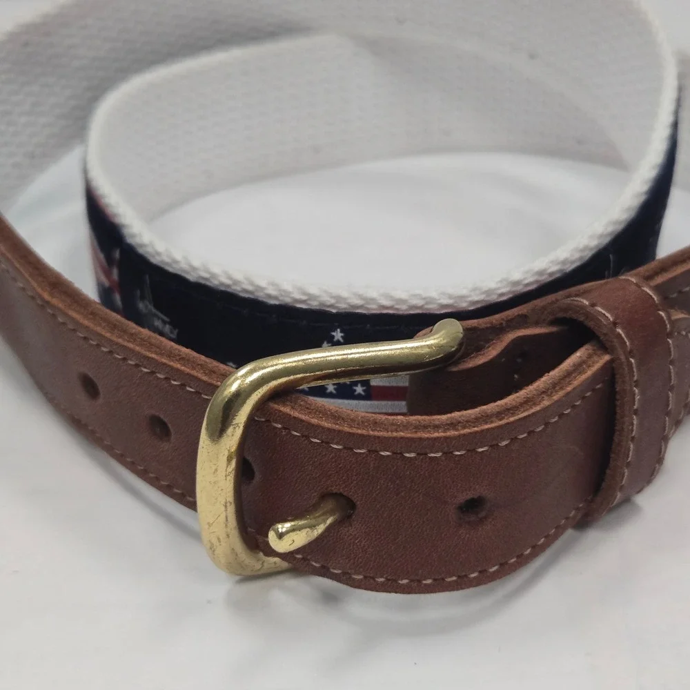 Guy Harvey Mens Marlin American Flag Ribbon Belt Navy White Leather Brass 34